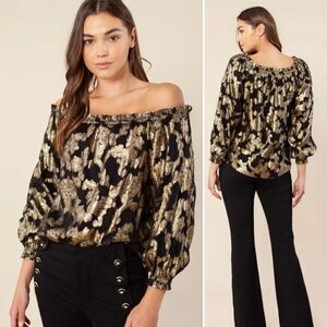 HALE BOB Viola Top Off Shoulder Black & Metallic Gold Floral Blouse Goth Size S